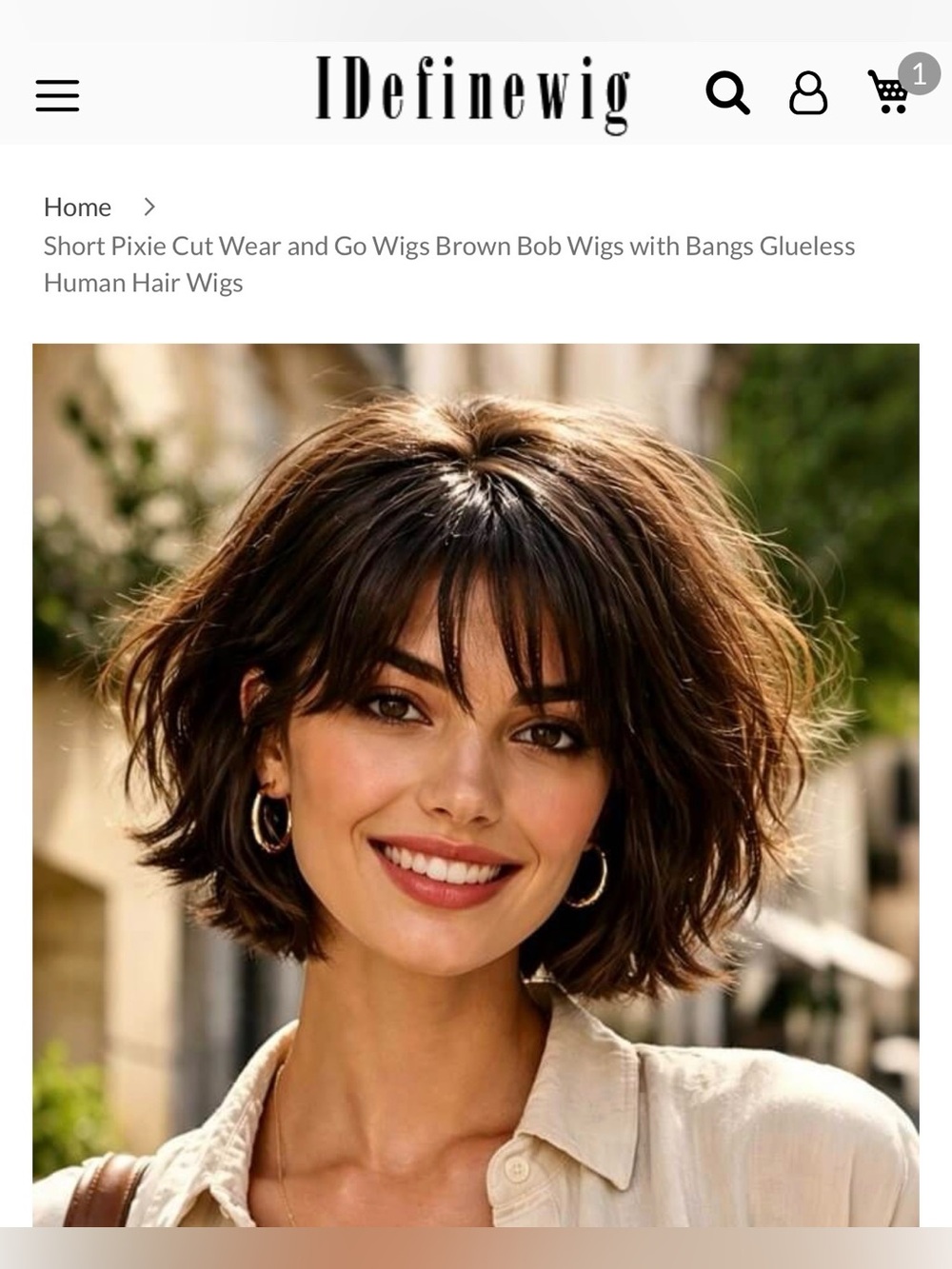 IDEFINE Short Pixie Cut Wear & Go Brown Bob w Bangs Glueless Human Virgin Hair